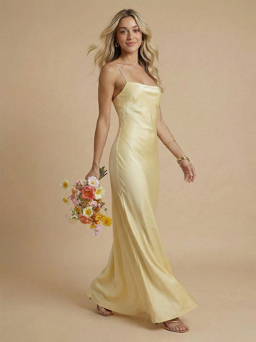 Satin Sheath Spaghetti Straps Long Simple Bridesmaid Dresses