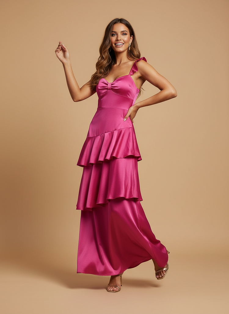 Satin A-Line Sweetheart Long Bridesmaid Dresses with Ruffles