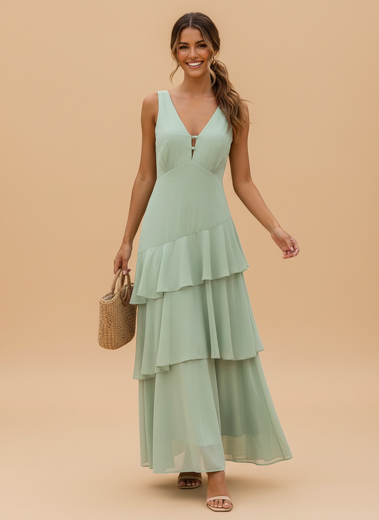 Chiffon A-Line V Neck Long Bridesmaid Dresses with Tiered Ruffles