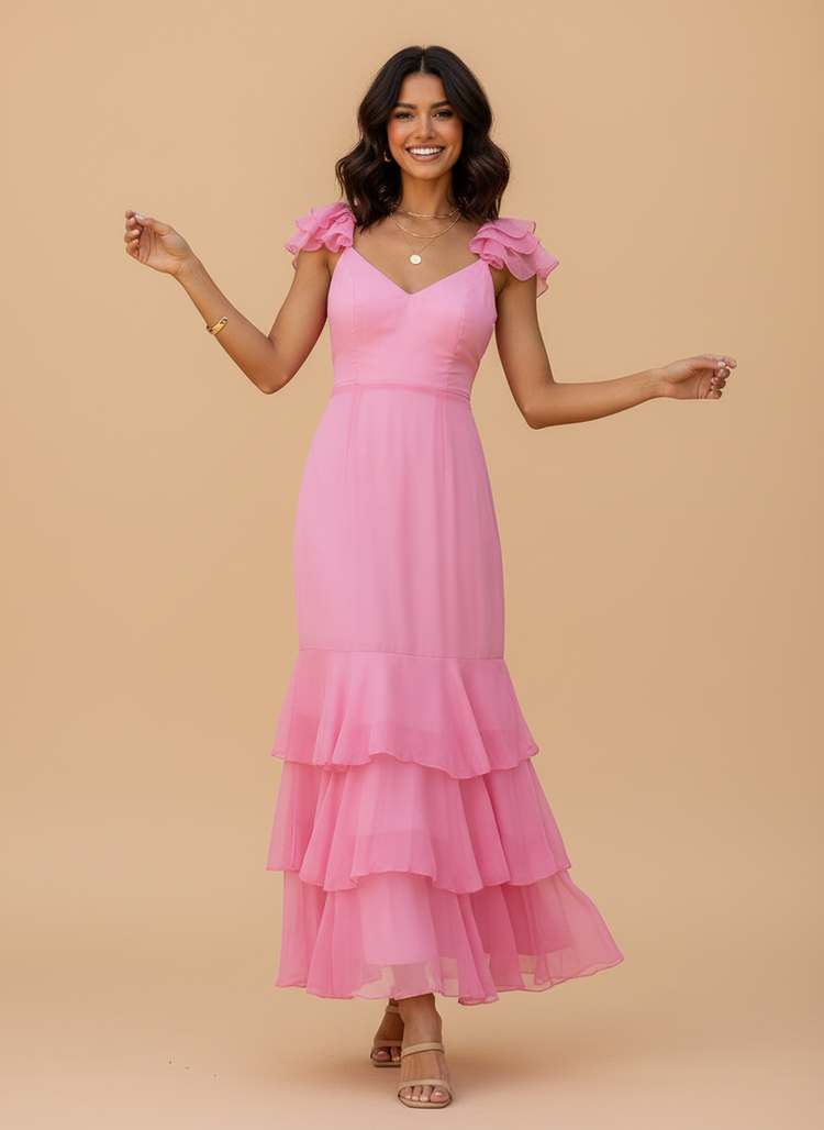 Chiffon Mermaid V Neck Long Bridesmaid Dresses with Ruffles