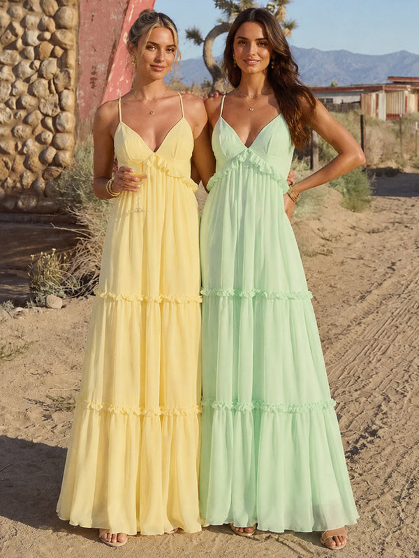 Chiffon A-Line Spaghetti Straps Long Tiered Bridesmaid Dresses