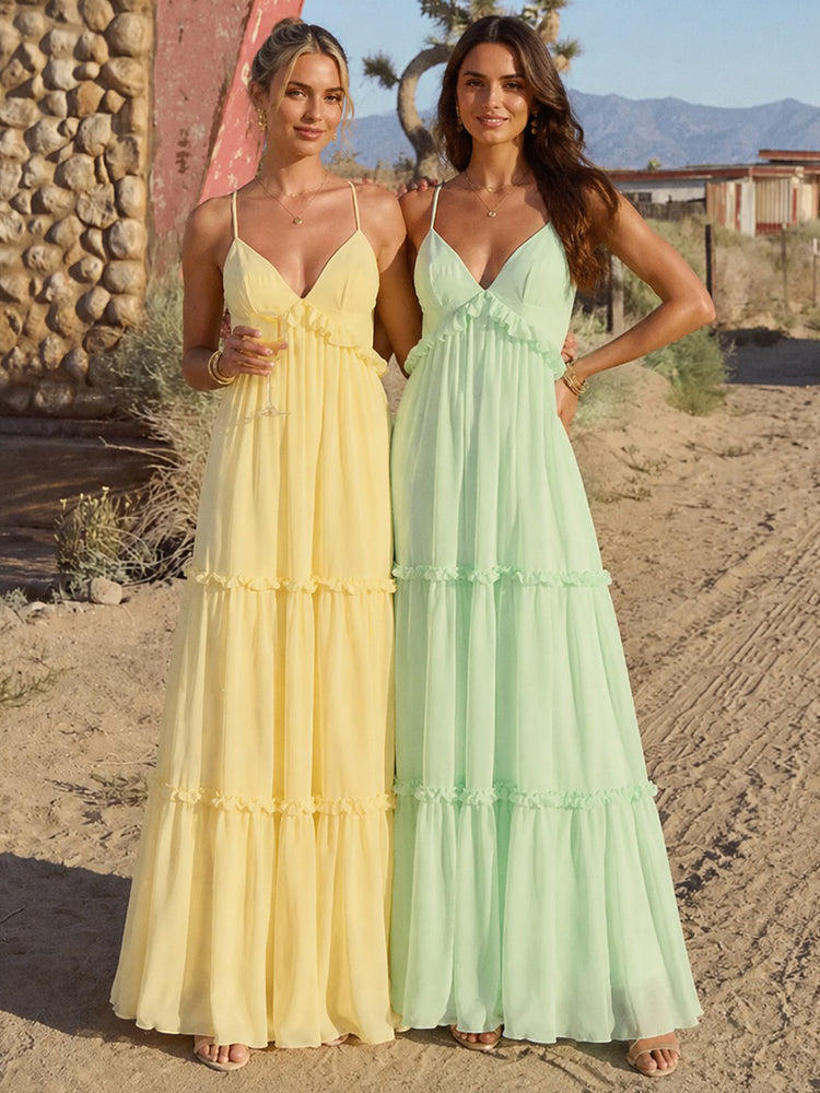 Chiffon A-Line Spaghetti Straps Long Tiered Bridesmaid Dresses