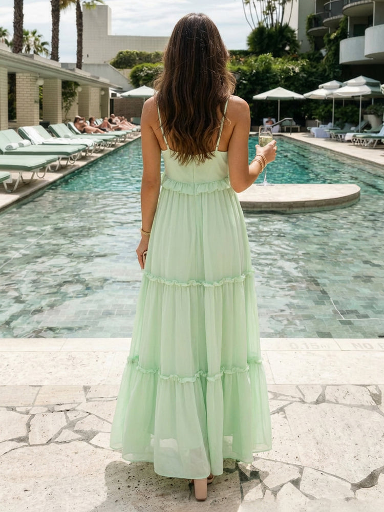 Chiffon A-Line Spaghetti Straps Long Tiered Bridesmaid Dresses
