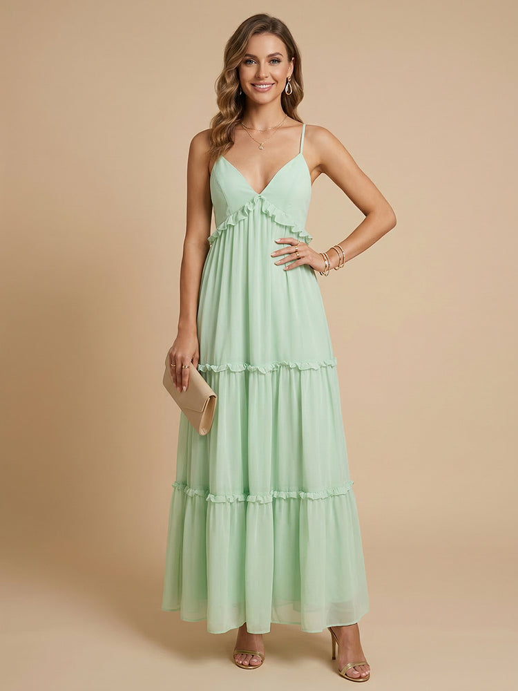 Chiffon A-Line Spaghetti Straps Long Tiered Bridesmaid Dresses