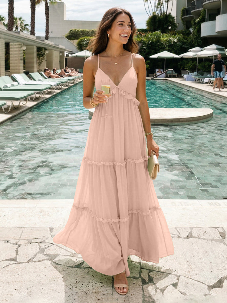 Chiffon A-Line Spaghetti Straps Long Tiered Bridesmaid Dresses
