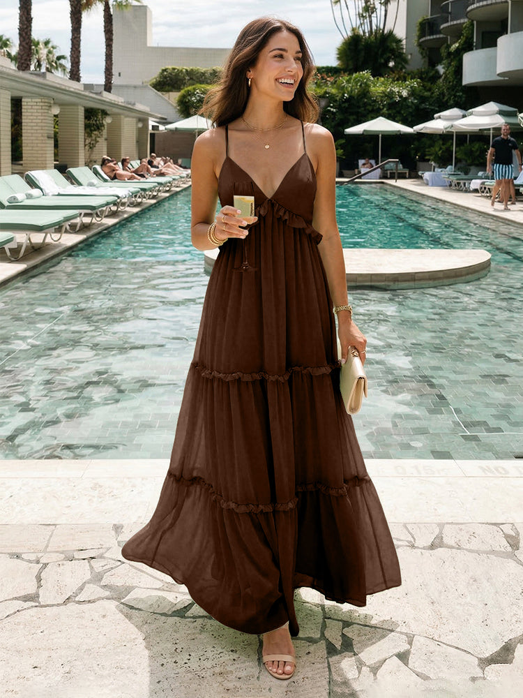 Chiffon A-Line Spaghetti Straps Long Tiered Bridesmaid Dresses