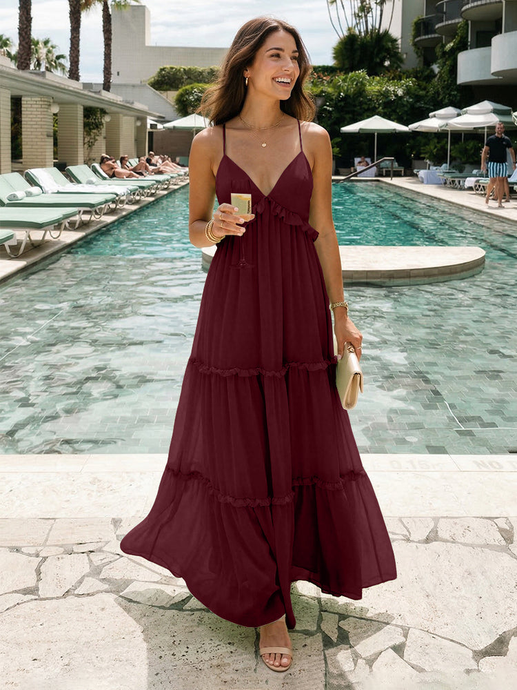 Chiffon A-Line Spaghetti Straps Long Tiered Bridesmaid Dresses