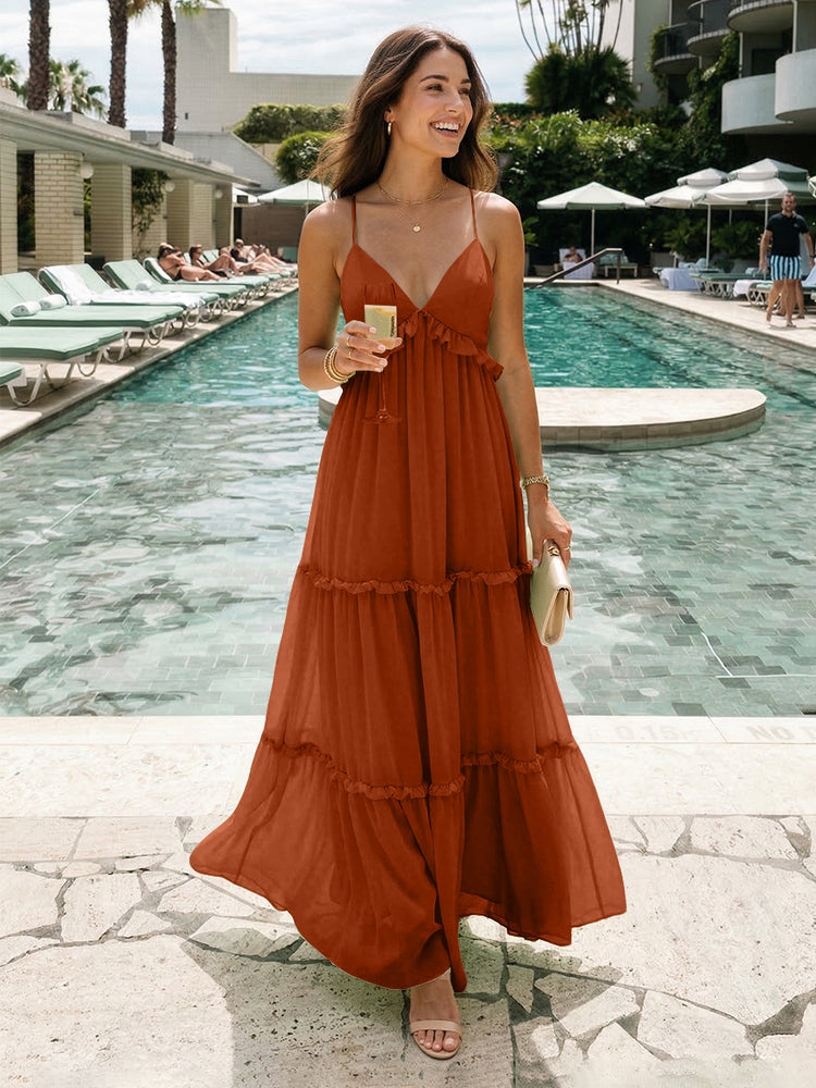 Chiffon A-Line Spaghetti Straps Long Tiered Bridesmaid Dresses