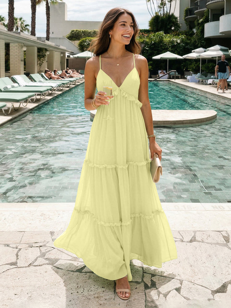 Chiffon A-Line Spaghetti Straps Long Tiered Bridesmaid Dresses