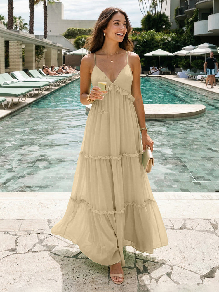 Chiffon A-Line Spaghetti Straps Long Tiered Bridesmaid Dresses