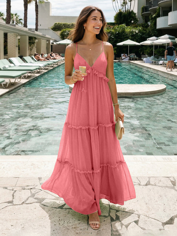 Chiffon A-Line Spaghetti Straps Long Tiered Bridesmaid Dresses