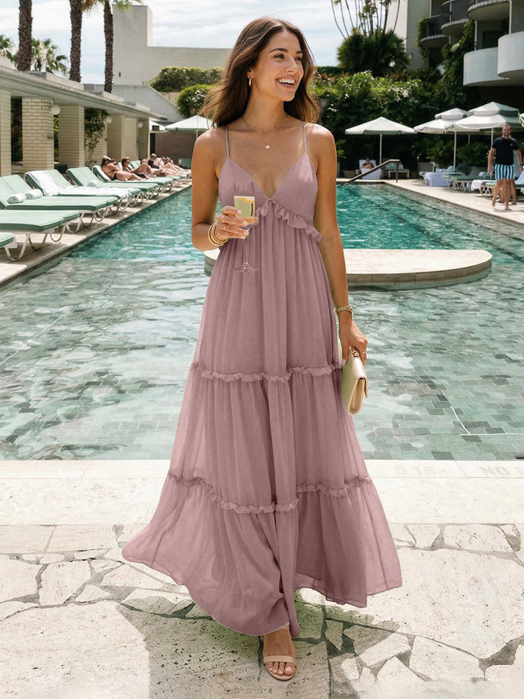 Chiffon A-Line Spaghetti Straps Long Tiered Bridesmaid Dresses