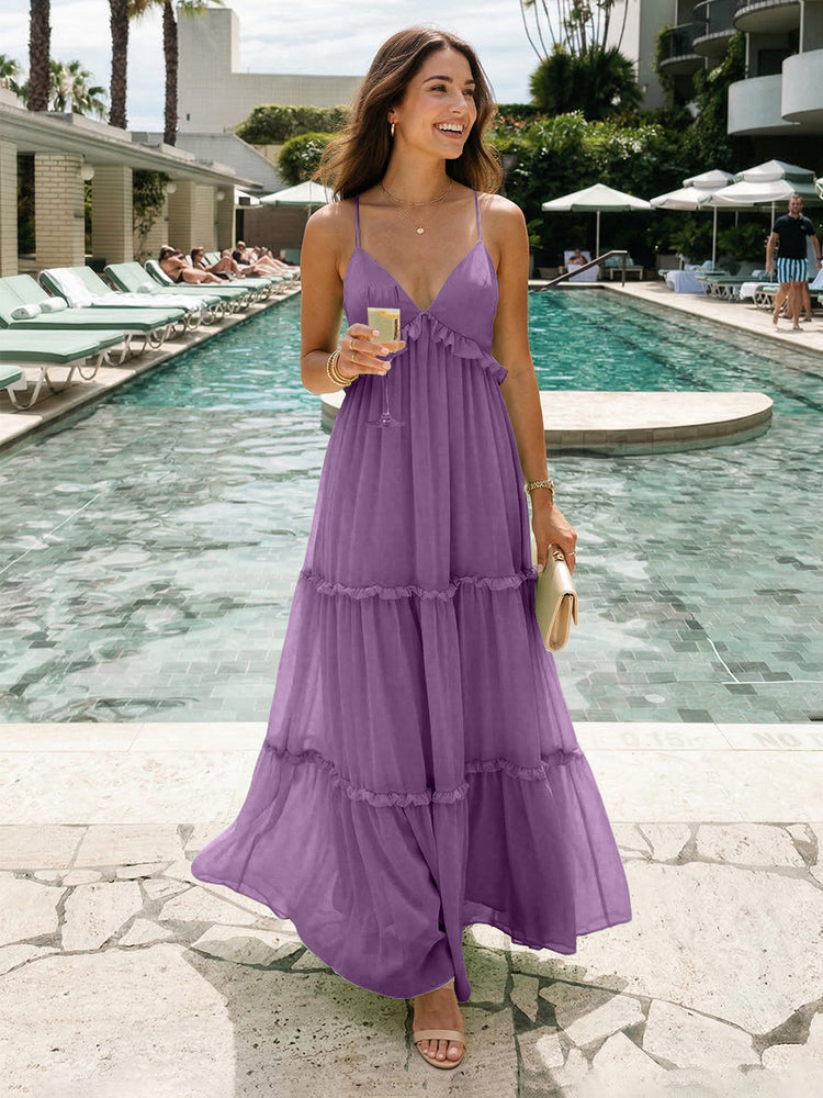 Chiffon A-Line Spaghetti Straps Long Tiered Bridesmaid Dresses