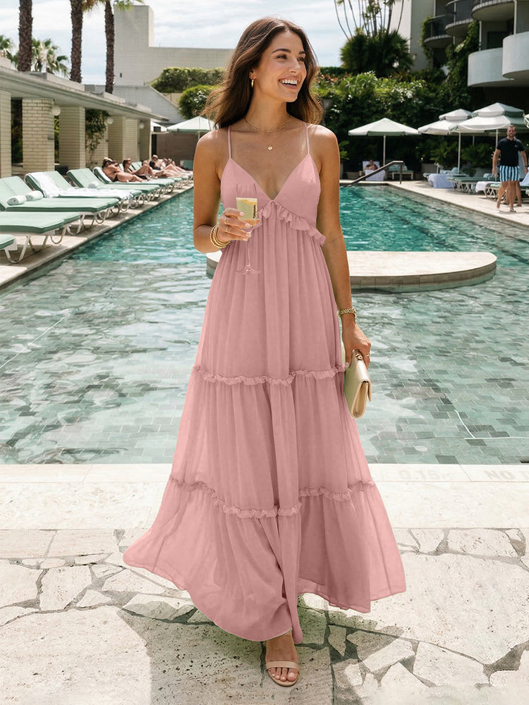 Chiffon A-Line Spaghetti Straps Long Tiered Bridesmaid Dresses