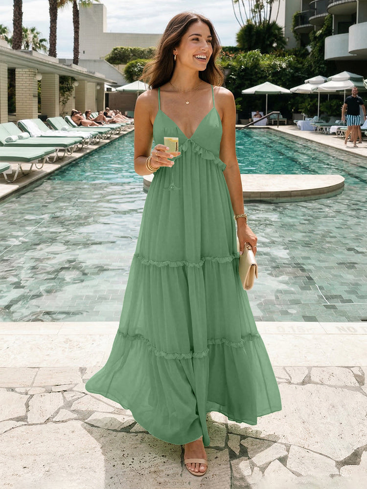 Chiffon A-Line Spaghetti Straps Long Tiered Bridesmaid Dresses