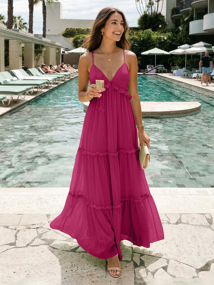 Chiffon A-Line Spaghetti Straps Long Tiered Bridesmaid Dresses
