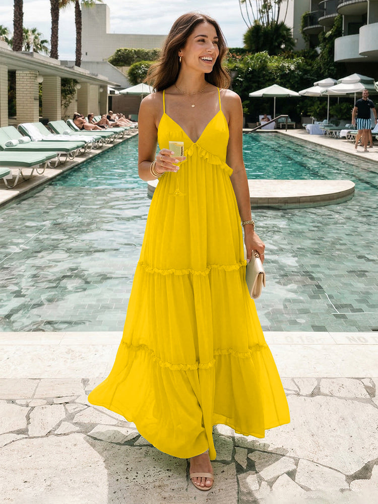 Chiffon A-Line Spaghetti Straps Long Tiered Bridesmaid Dresses