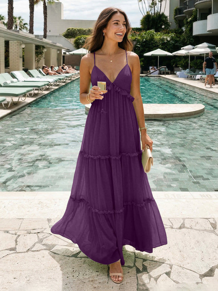 Chiffon A-Line Spaghetti Straps Long Tiered Bridesmaid Dresses