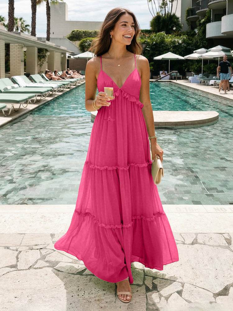 Chiffon A-Line Spaghetti Straps Long Tiered Bridesmaid Dresses
