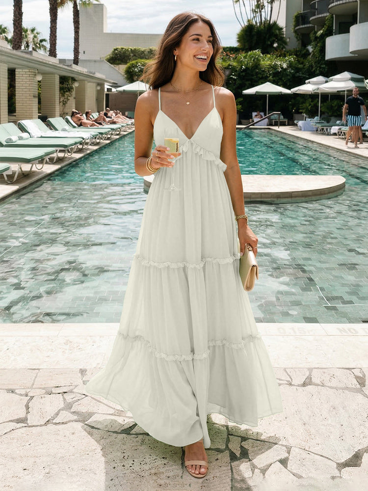 Chiffon A-Line Spaghetti Straps Long Tiered Bridesmaid Dresses