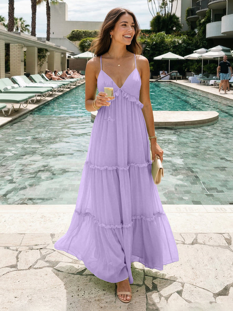 Chiffon A-Line Spaghetti Straps Long Tiered Bridesmaid Dresses