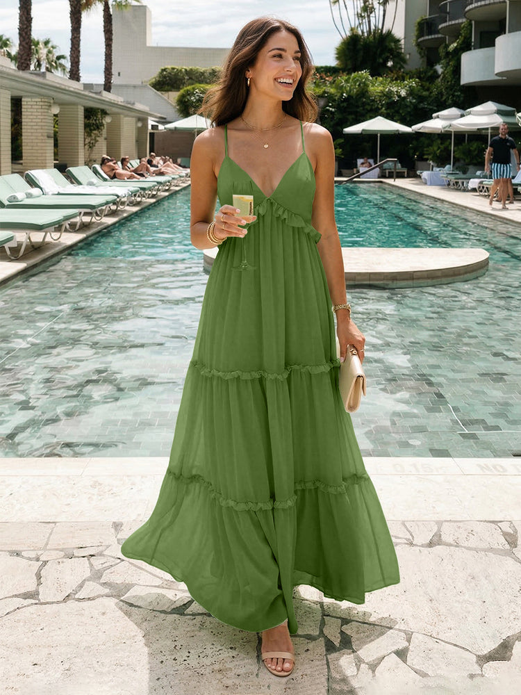 Chiffon A-Line Spaghetti Straps Long Tiered Bridesmaid Dresses