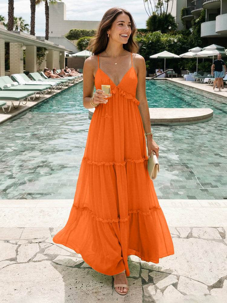 Chiffon A-Line Spaghetti Straps Long Tiered Bridesmaid Dresses