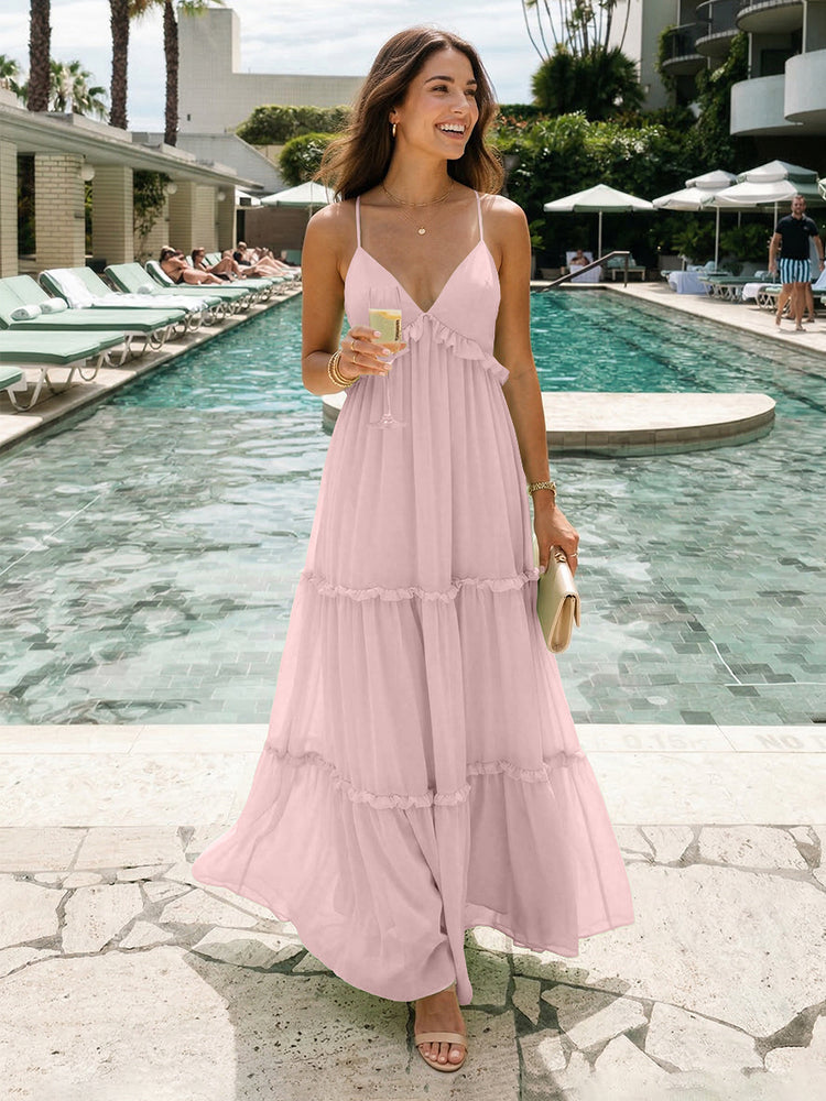 Chiffon A-Line Spaghetti Straps Long Tiered Bridesmaid Dresses