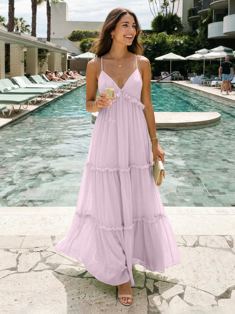 Chiffon A-Line Spaghetti Straps Long Tiered Bridesmaid Dresses