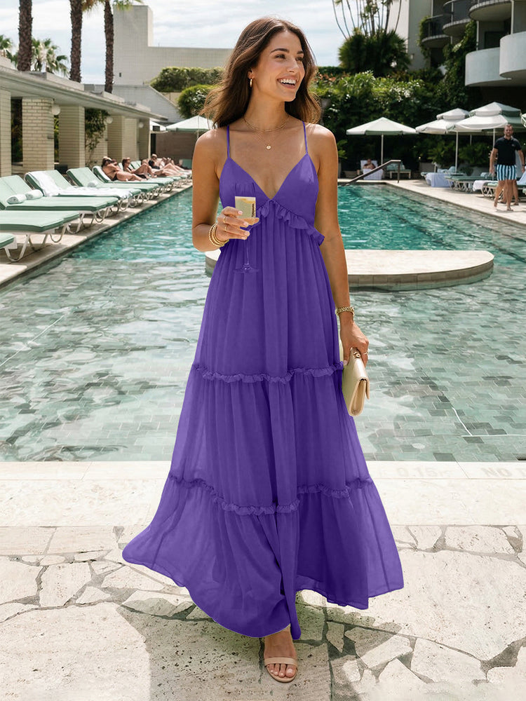 Chiffon A-Line Spaghetti Straps Long Tiered Bridesmaid Dresses