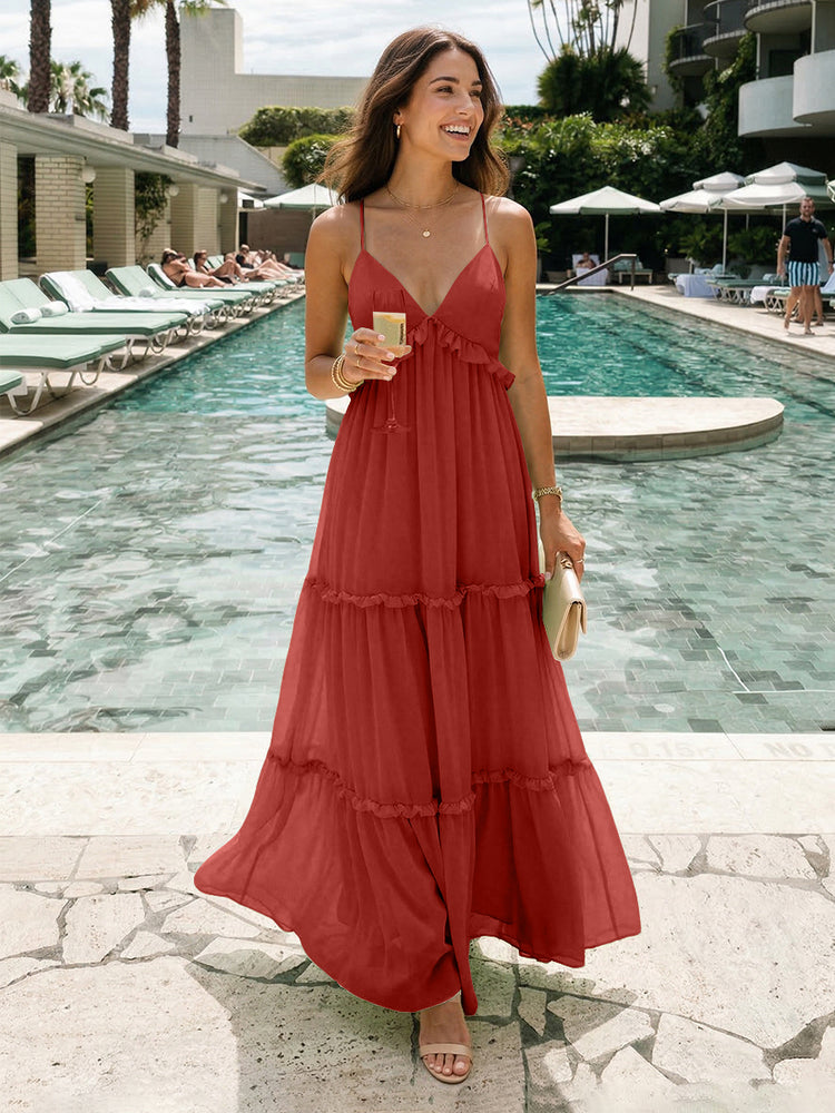 Chiffon A-Line Spaghetti Straps Long Tiered Bridesmaid Dresses
