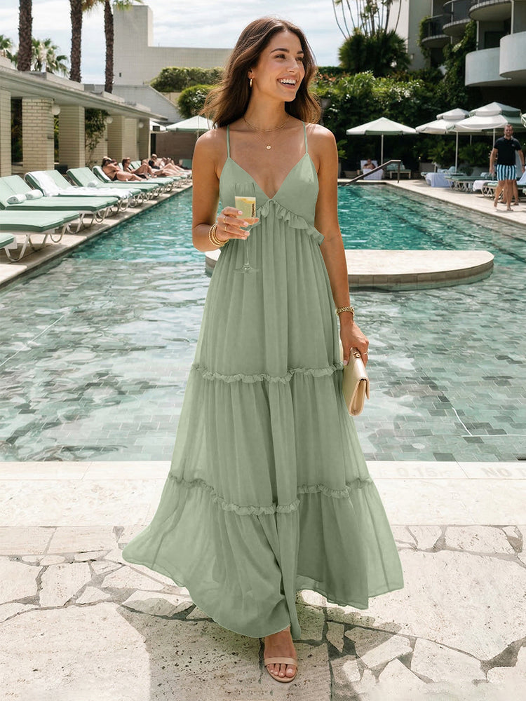 Chiffon A-Line Spaghetti Straps Long Tiered Bridesmaid Dresses