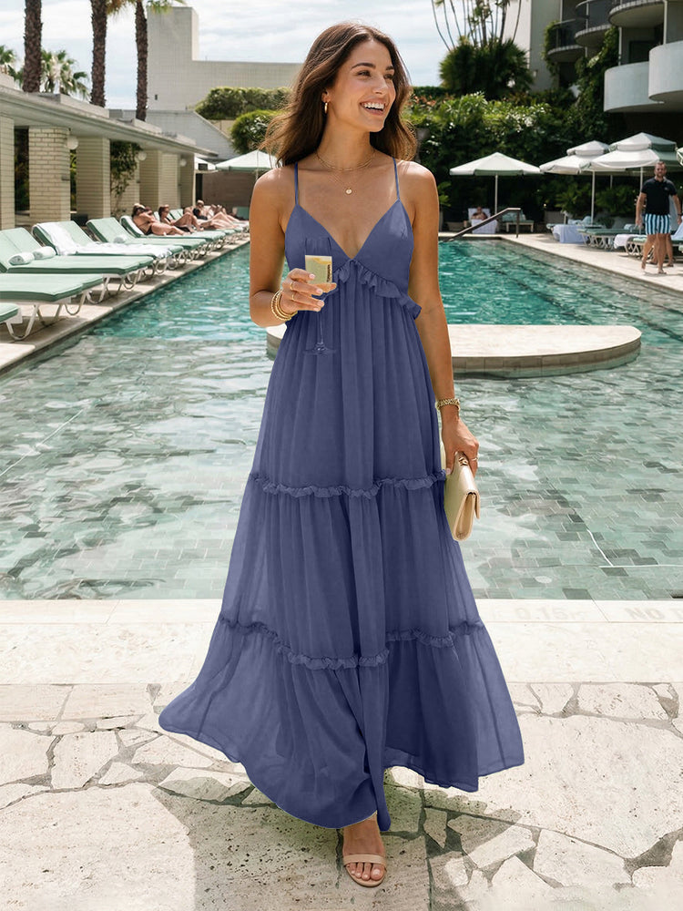 Chiffon A-Line Spaghetti Straps Long Tiered Bridesmaid Dresses