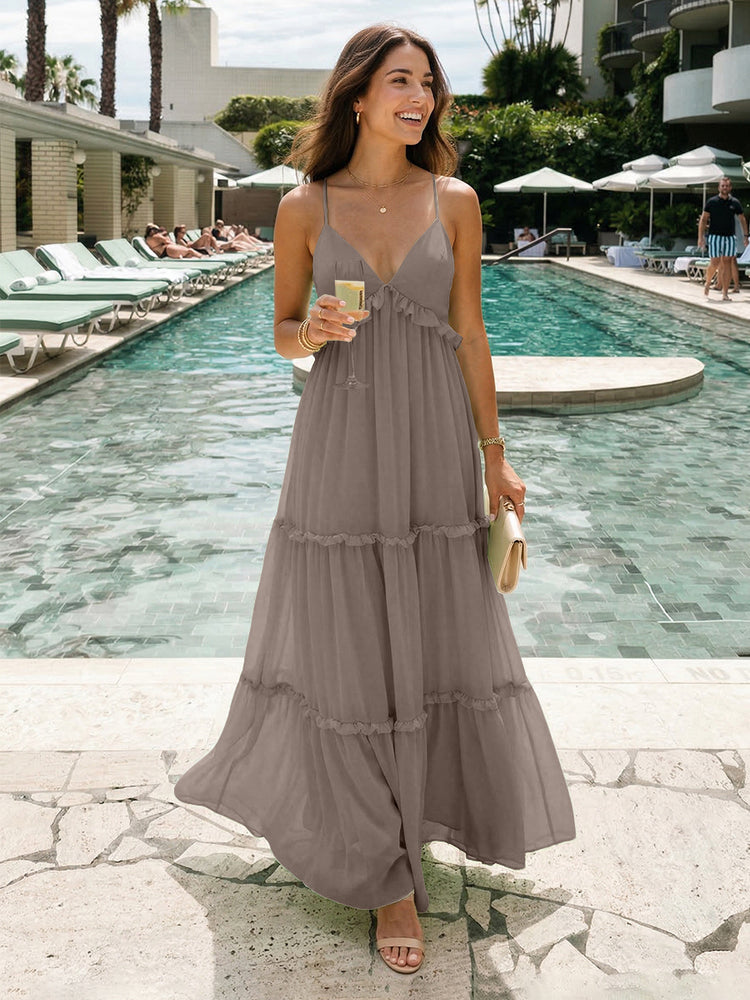 Chiffon A-Line Spaghetti Straps Long Tiered Bridesmaid Dresses
