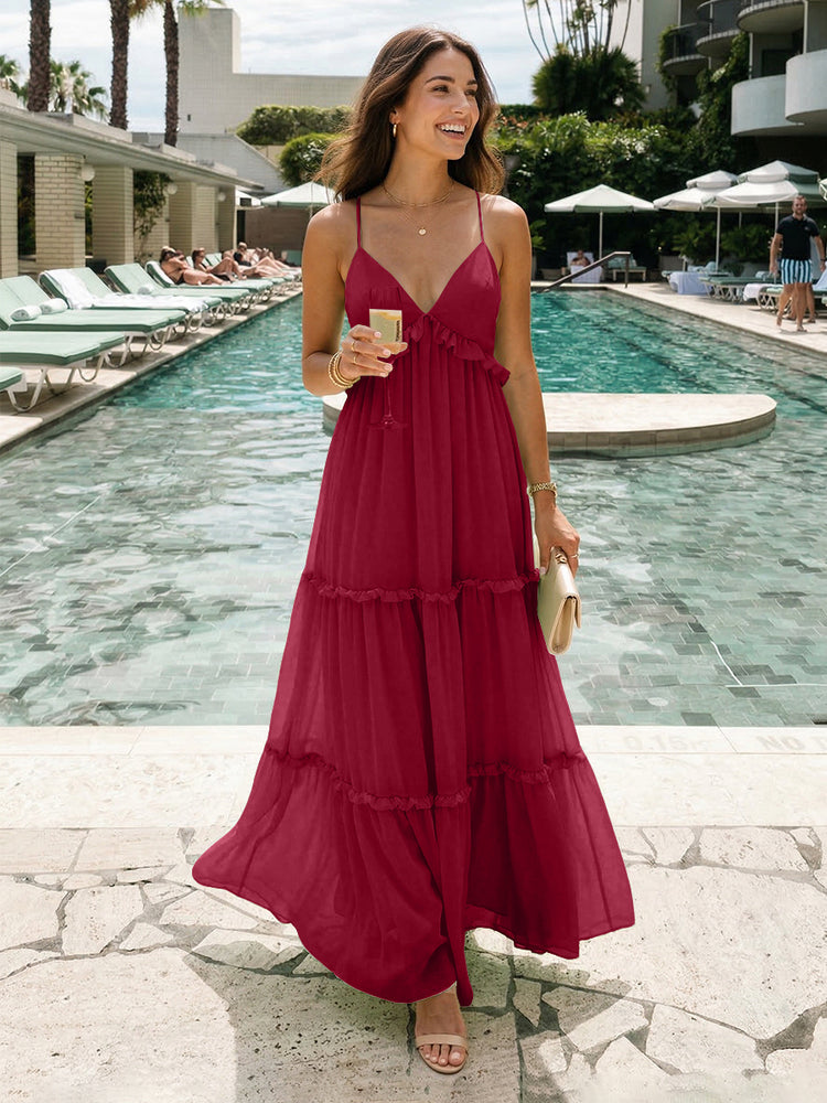 Chiffon A-Line Spaghetti Straps Long Tiered Bridesmaid Dresses