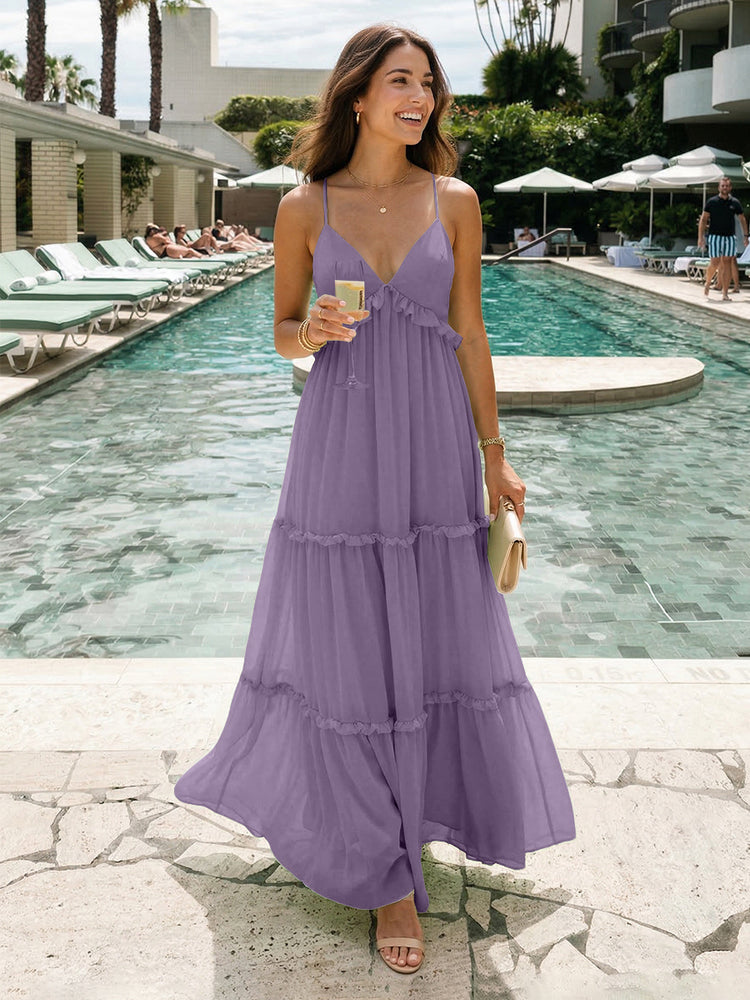 Chiffon A-Line Spaghetti Straps Long Tiered Bridesmaid Dresses