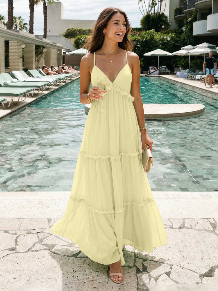 Chiffon A-Line Spaghetti Straps Long Tiered Bridesmaid Dresses