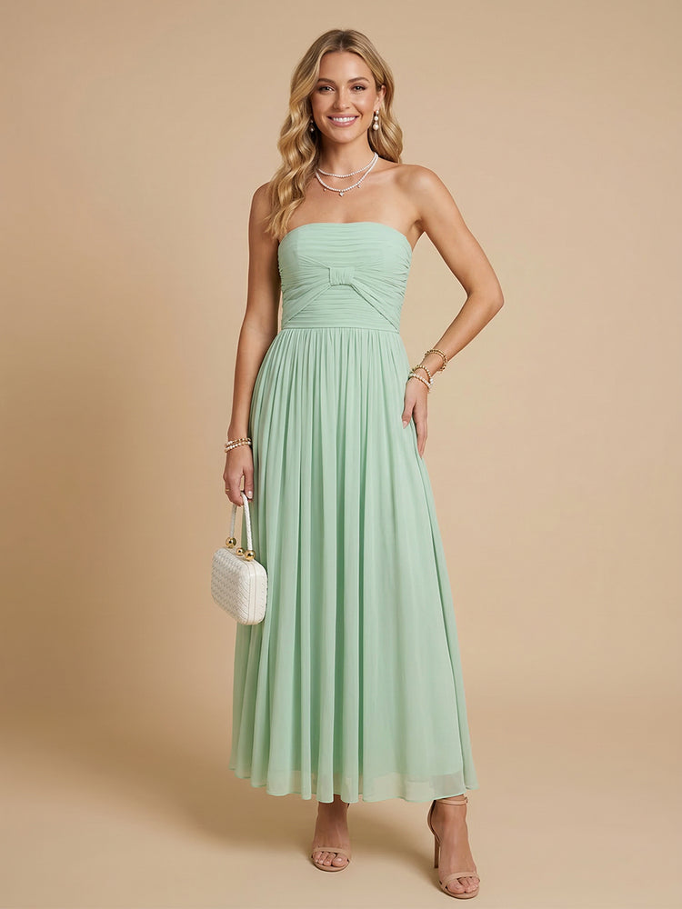 Chiffon A-Line Strapless Long Bridesmaid Dresses with Pleats
