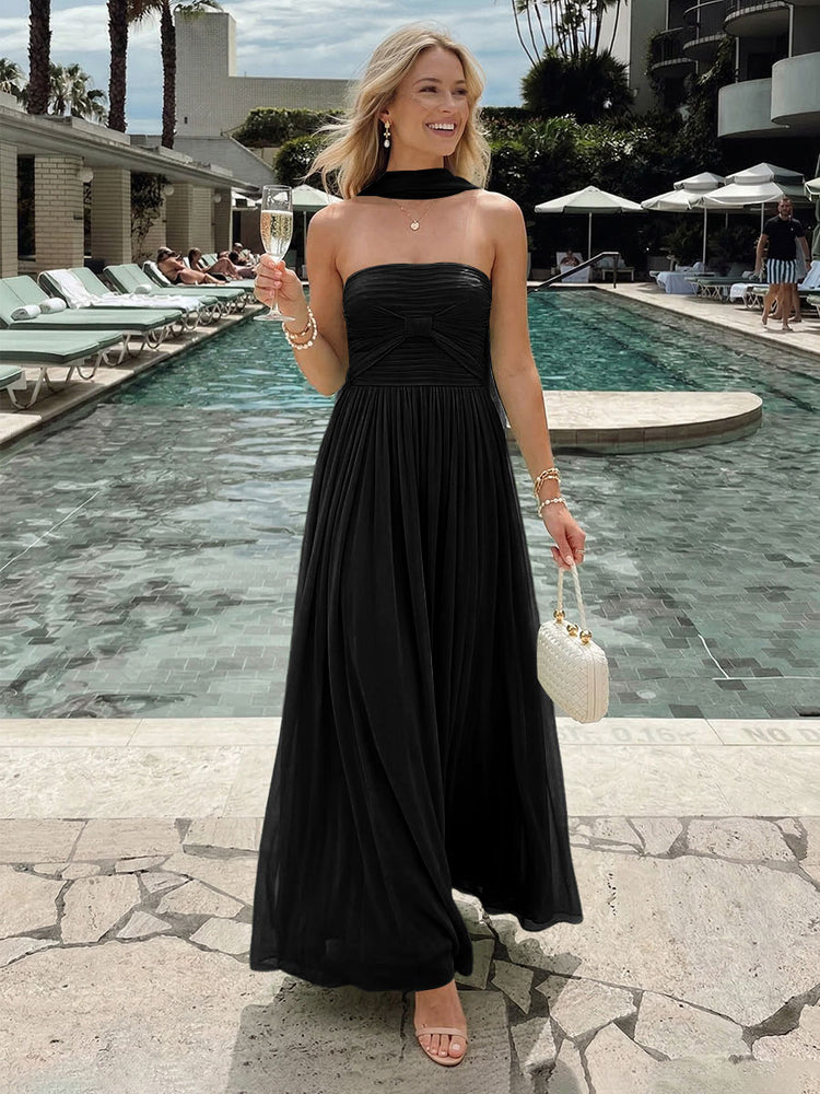 Chiffon A-Line Strapless Long Bridesmaid Dresses with Pleats