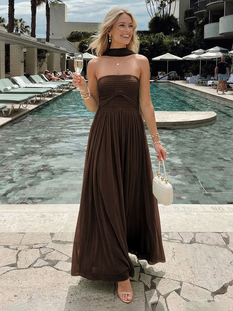Chiffon A-Line Strapless Long Bridesmaid Dresses with Pleats