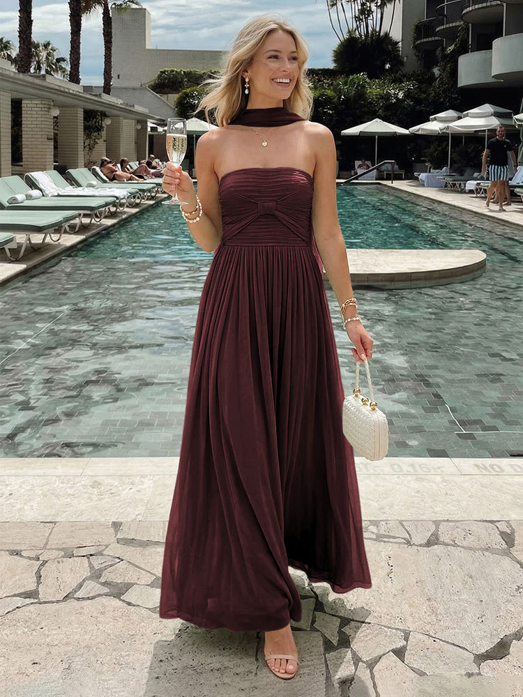 Chiffon A-Line Strapless Long Bridesmaid Dresses with Pleats