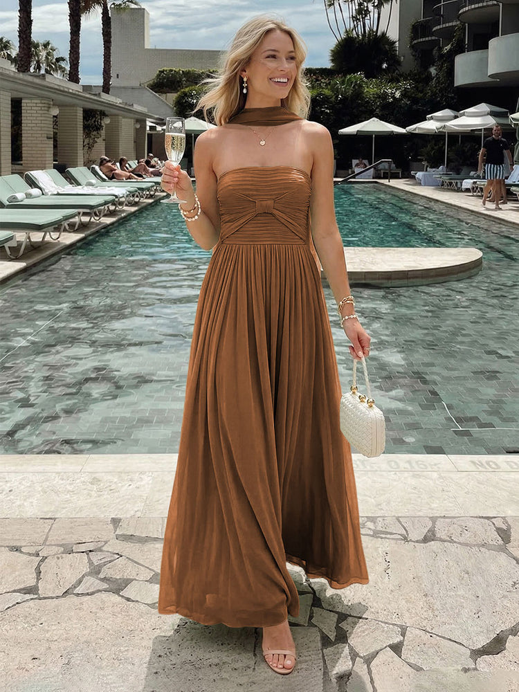 Chiffon A-Line Strapless Long Bridesmaid Dresses with Pleats