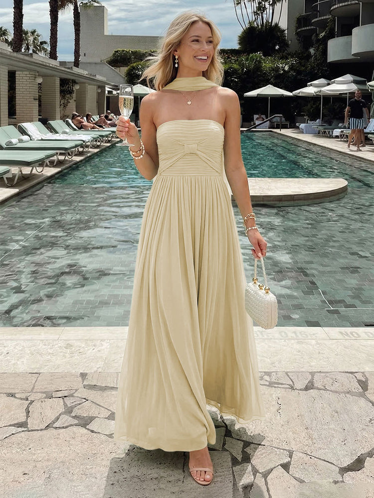 Chiffon A-Line Strapless Long Bridesmaid Dresses with Pleats