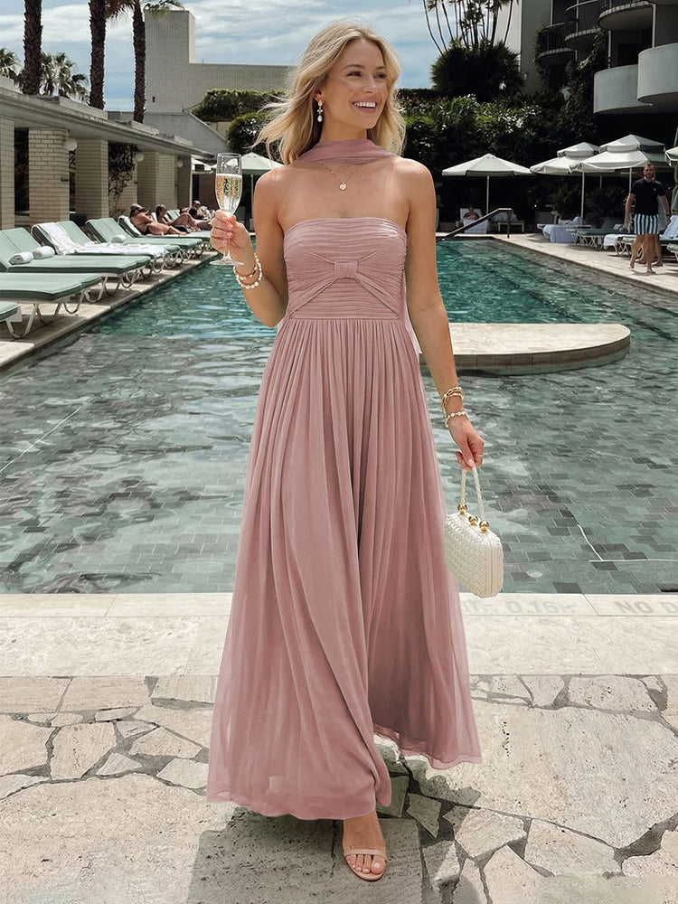 Chiffon A-Line Strapless Long Bridesmaid Dresses with Pleats