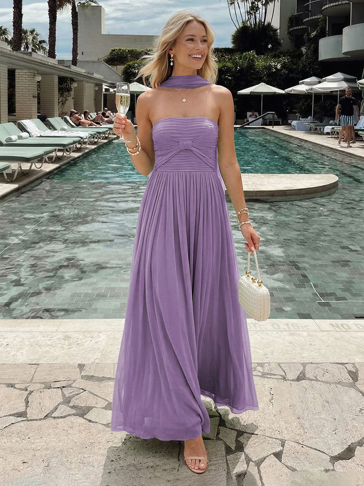Chiffon A-Line Strapless Long Bridesmaid Dresses with Pleats