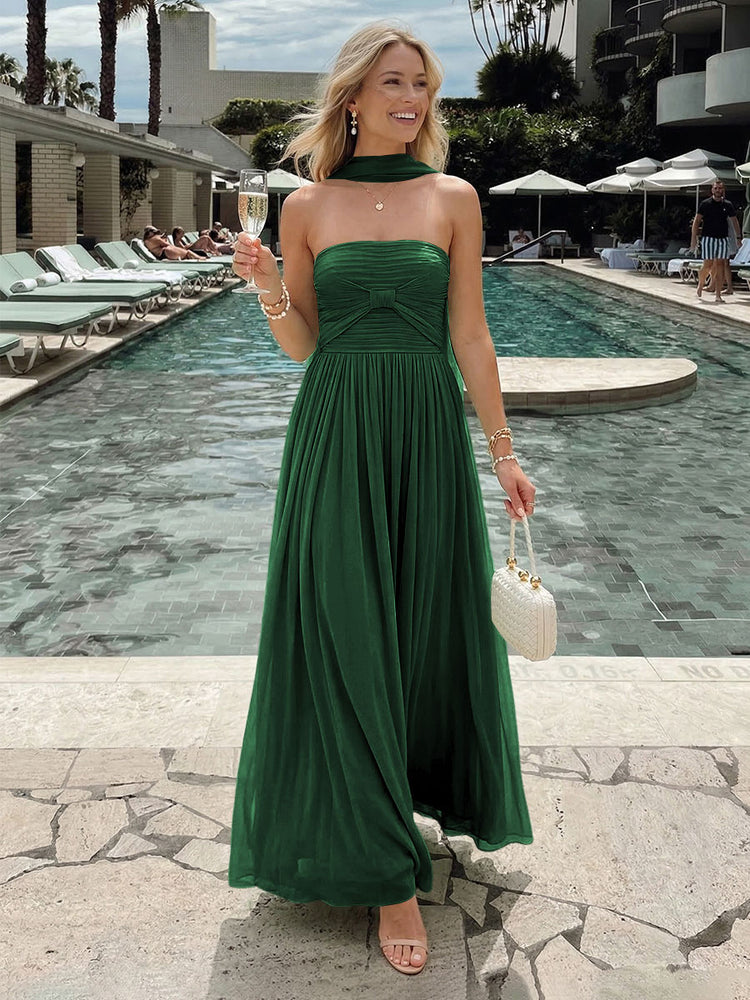 Chiffon A-Line Strapless Long Bridesmaid Dresses with Pleats