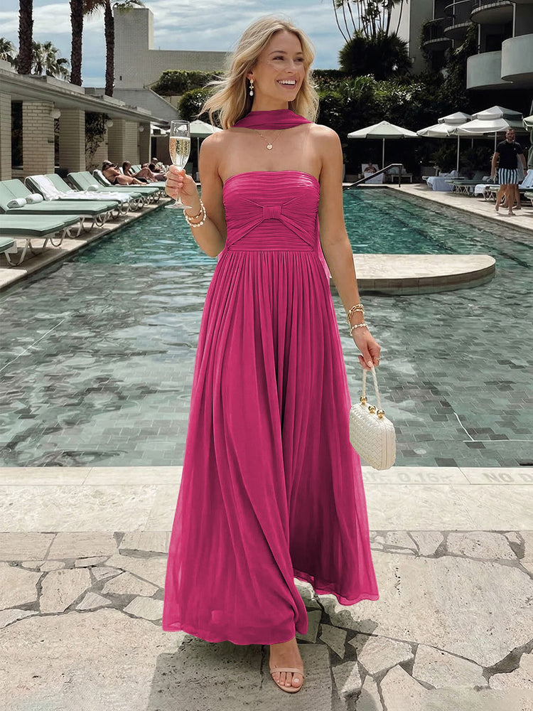 Chiffon A-Line Strapless Long Bridesmaid Dresses with Pleats