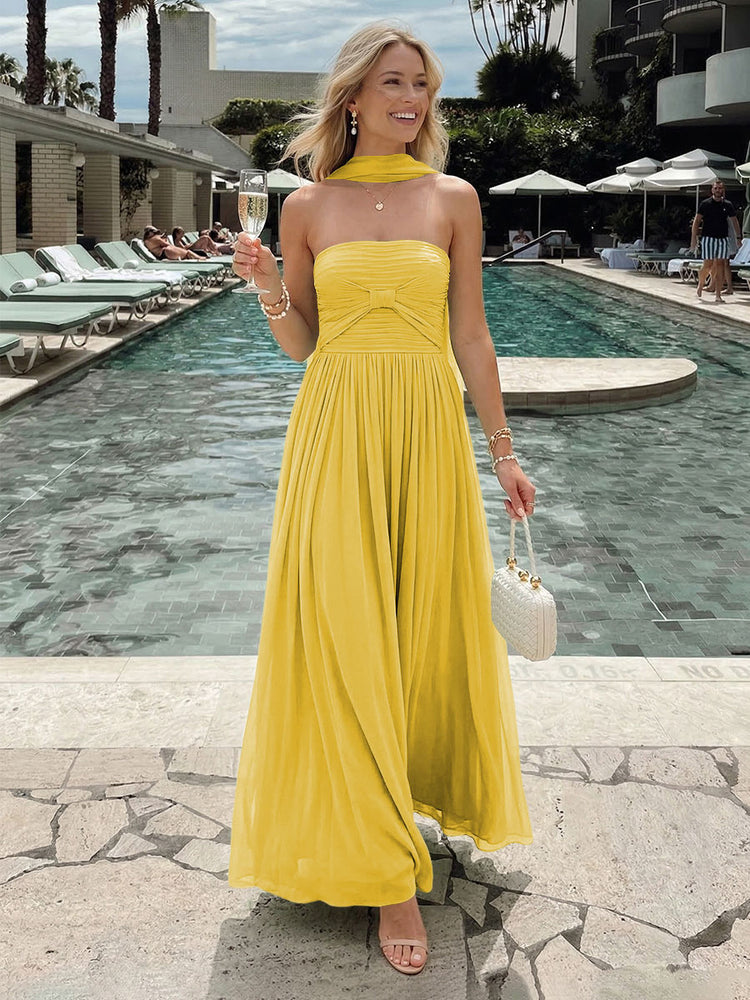 Chiffon A-Line Strapless Long Bridesmaid Dresses with Pleats