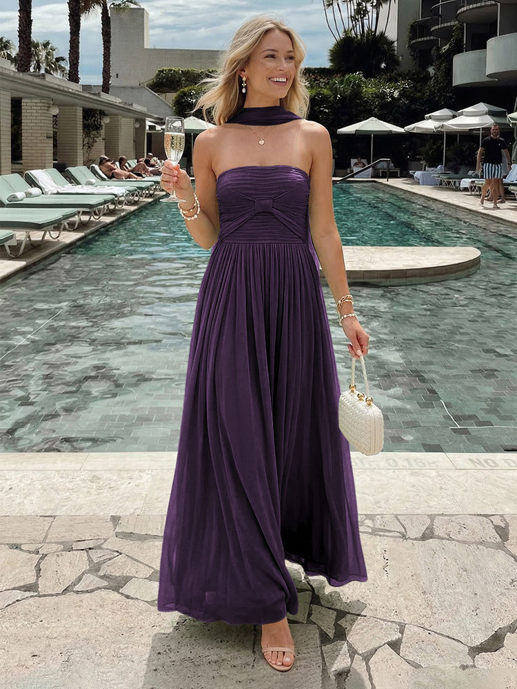 Chiffon A-Line Strapless Long Bridesmaid Dresses with Pleats