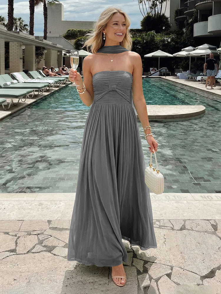 Chiffon A-Line Strapless Long Bridesmaid Dresses with Pleats